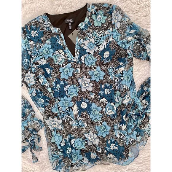 NWT Jones New York SZ 1X Blue Floral Multi Combo Tie Sleeve Blouse - Picture 9 of 11